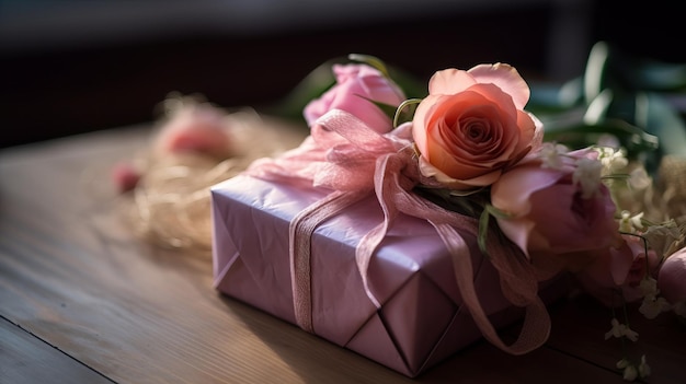 Presente rosa embrulhado em fitas e decorado para o dia das mães