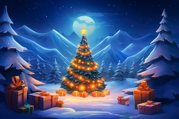 presentes com árvore de natal brilhante à noite na neve no estilo da arte do jogo 2D