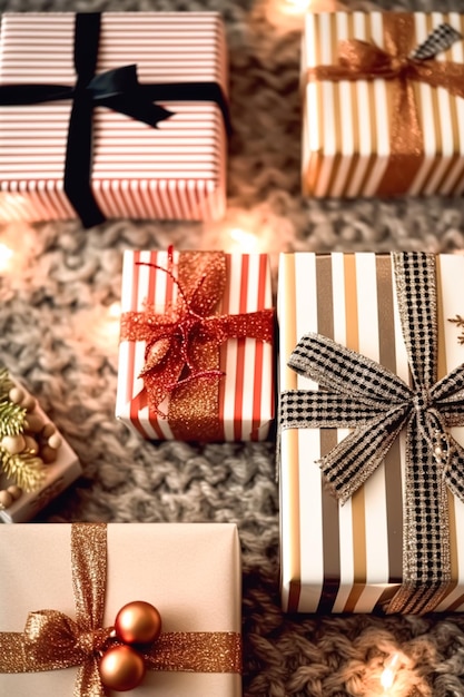 Presentes de férias e presentes caixas de presente de estilo rústico de casa de campo para o dia de Natal e compras de feriados flatlay generative ai