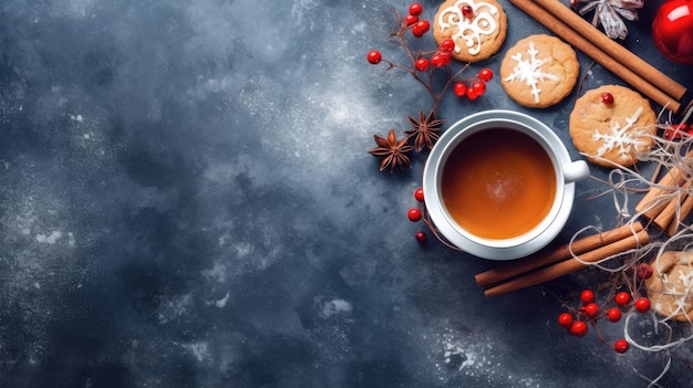 presentes de inverno bebidas biscoitos e galhos de árvores de inverno com espaço de cópia