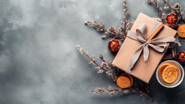 presentes de inverno bebidas biscoitos e galhos de árvores de inverno com espaço de cópia