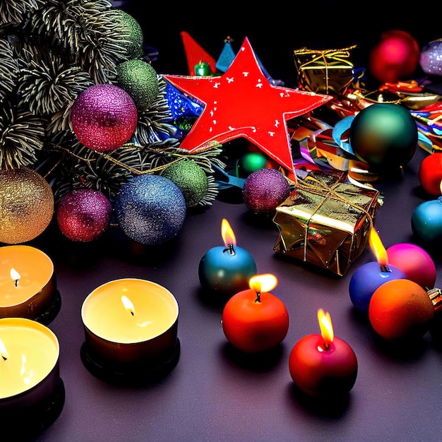 Presentes de Natal árvore de natal velas decoração colorida estrelas bolas em fundo preto