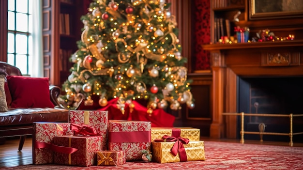 Presentes de Natal, boas festas e celebração de feriado, caixas de presente embrulhadas, presentes e árvore de Natal decorada, pós-processada, generativa ai