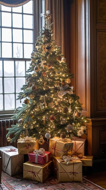 Presentes de Natal, boas festas e celebração de feriado, caixas de presente embrulhadas, presentes e árvore de Natal decorada, pós-processada, generativa ai