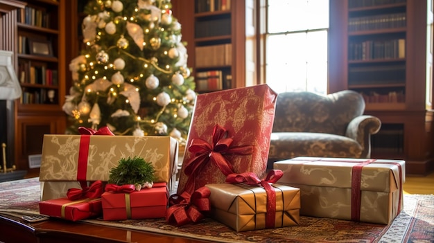 Presentes de Natal, boas festas e celebrações de feriados, caixas de presentes embrulhadas e árvore de Natal decorada generativa ai