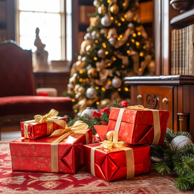 Presentes de Natal, boas festas e celebrações de feriados, caixas de presentes embrulhadas e árvore de Natal decorada generativa ai