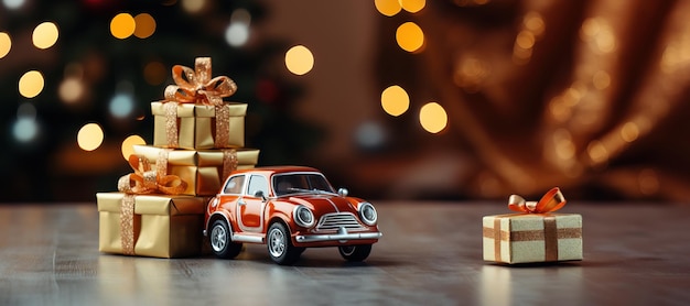 Presentes de Natal, carro de brinquedo com presentes em um fundo escuro com um bokeh brilhante, geração de IA,