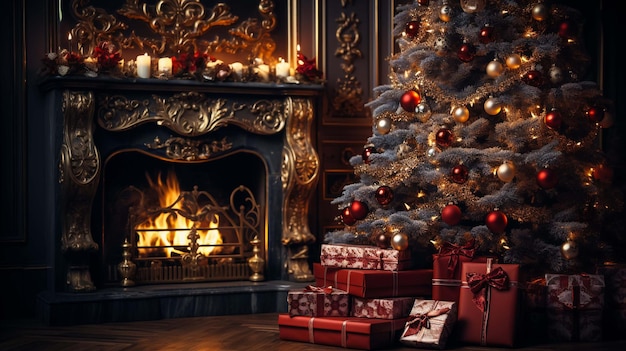 Presentes de Natal com canela e galho de pinheiro em fundo escuro