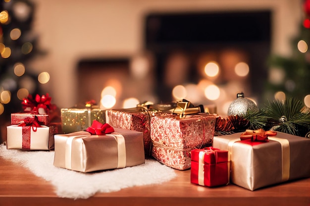 Presentes de natal com enfeites na mesa em frente a uma lareira