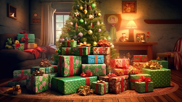 Presentes de Natal debaixo da árvore Celebrando as festas com presentes embrulhados e fita
