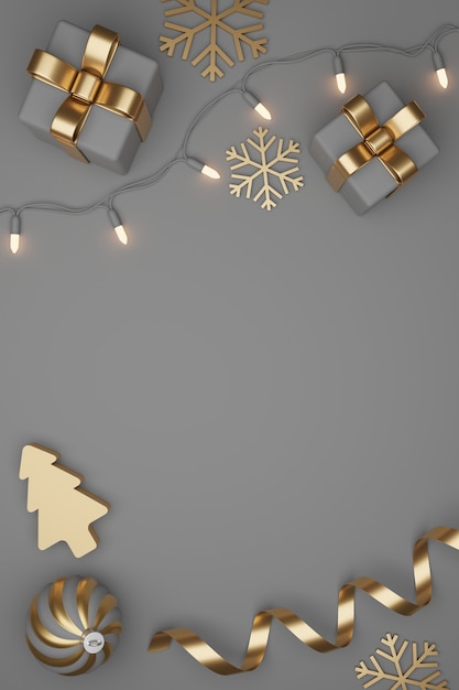 Presentes de Natal e Ano Novo com confete e decoração. Desenho da bandeira Ilustração 3D