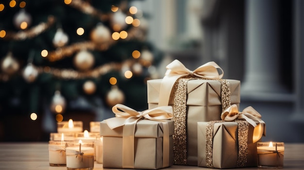 Presentes de Natal em cor branca e dourada com fita ao lado lindamente decorados