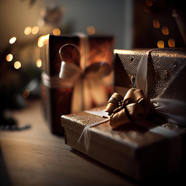 Presentes de Natal em fundo festivo Caixas de presentes na mesa Atmosfera de Natal