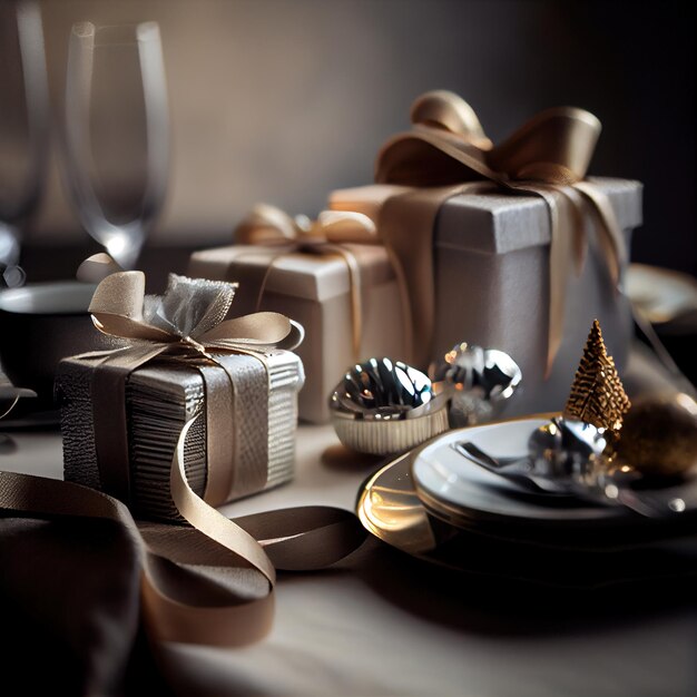 Presentes de Natal em fundo festivo Caixas de presentes na mesa Atmosfera de Natal