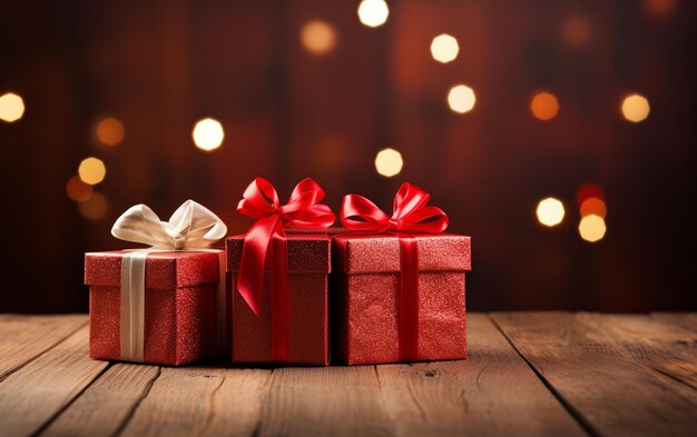 Presentes de Natal exibidos em uma superfície de madeira contra um fundo vermelho