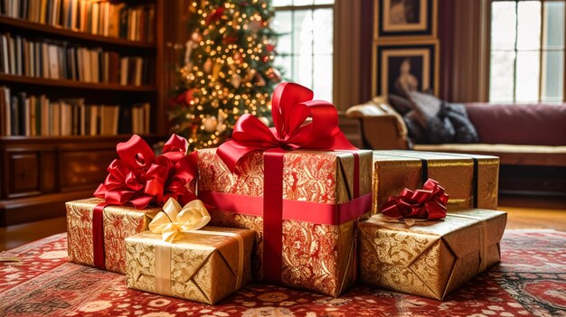 Presentes de Natal felizes feriados e celebração de feriados embrulhados caixas de presentes presentes e decorado árvore de Natal generativo ai
