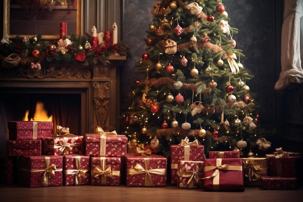 Presentes de Natal no chão com uma lareira ao fundo.