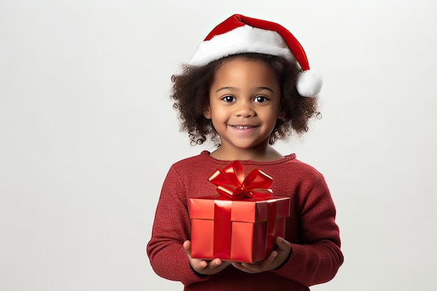 Presentes de Natal Uma feliz e fofa garotinha negra americana em um aconchegante suéter vermelho e chapéu de Papai Noel