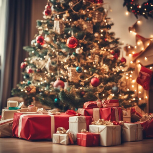 Presentes e caixas de presentes embrulhados sob o conceito de férias de inverno da árvore de Natal