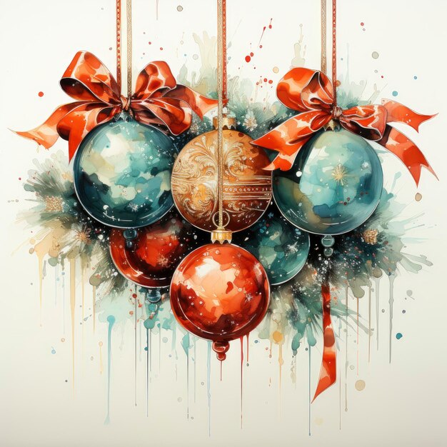 Foto presentes e ornamentos de decoração de natal ilustrados em aquarela com fundo branco