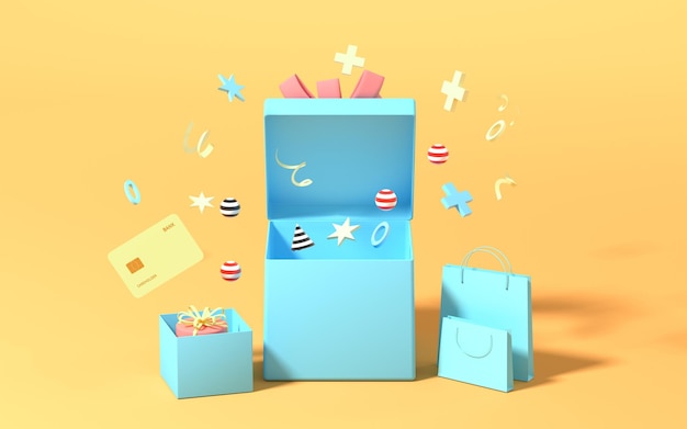 Presentes e sacolas de compras com renderização em 3d de fundo amarelo