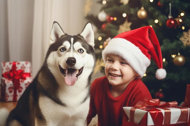Presentes em abundância, cachorro, menino husky e sorrisos de chapéu de Papai Noel