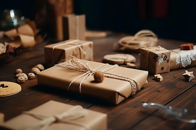 Presentes embrulhados em papel artesanal e amarrados com corda no chão de madeira da casa Preparação para o feriado e parabéns da família