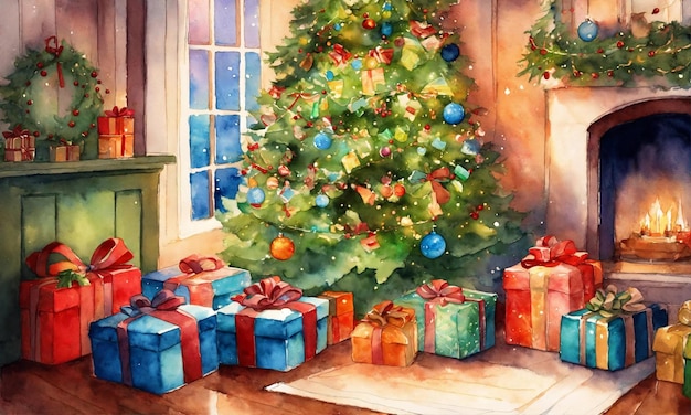 Presentes embrulhados sob uma árvore de Natal com caixa de presentes de Natal de copyspace em close-up