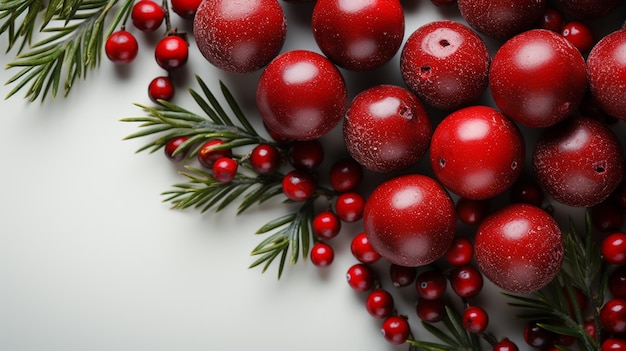 Presentes, galhos de árvores de abeto, decorações vermelhas em fundo branco, Natal, inverno, ano novo, conceito