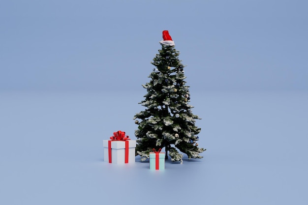 Presentes para a árvore de Natal de Natal sob a qual os presentes em um fundo azul 3D são renderizados