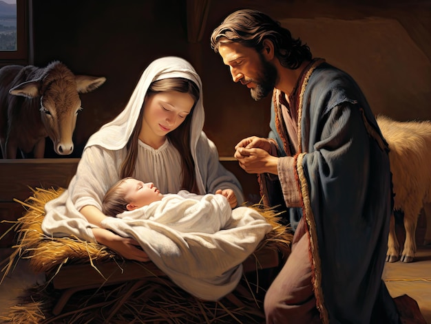 Presépio cristão de Natal do bebê Jesus na manjedoura com Maria e José
