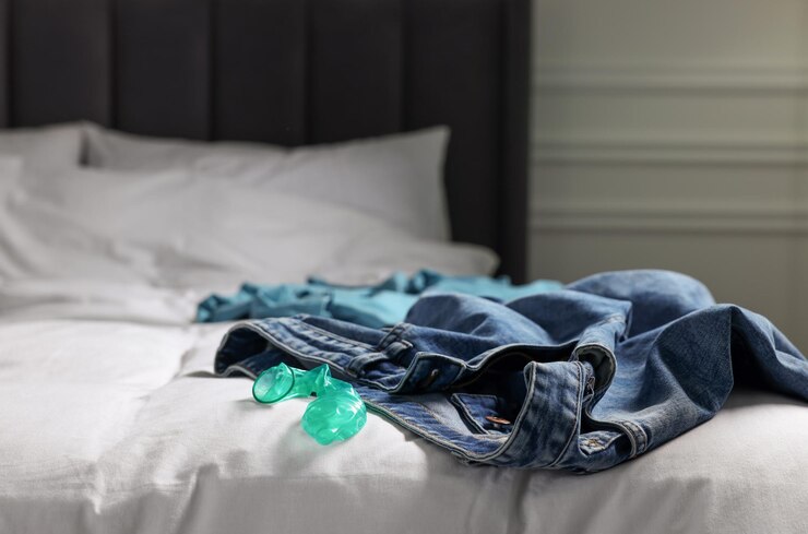 Foto preservativo desenrolado e calças jeans na cama no quarto sexo seguro