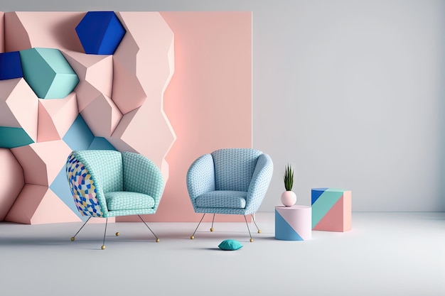 Preside un sofá y un sillón en rosa y azul sobre un fondo blanco.