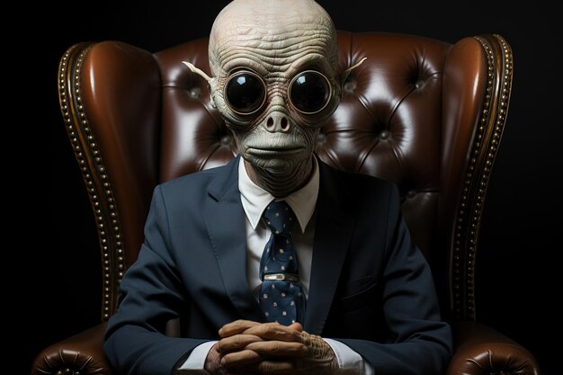 Presidente alienígena em sofá castanho terno azul fundo preto
