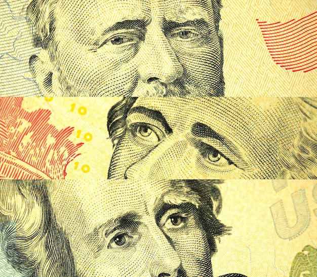 Presidente americano retrato close-up, olho focado, macro de notas de dólar