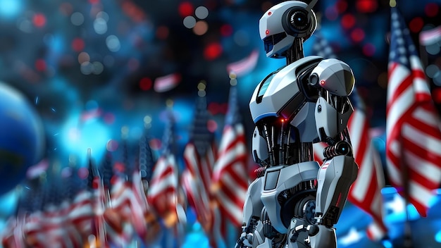 Presidente robô de IA vitorioso entre inimigos bandeiras americanas ondulando no vento conceito revolução robótica vitória política bandeiras estadounidenses inteligência artificial liderança tecnologia do futuro