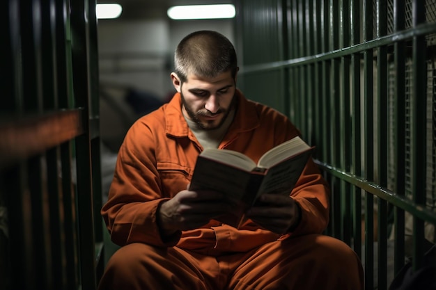 Foto un preso o criminal está leyendo un libro en una celda de prisión mientras está sentado en una litera reeducación de un criminal educación en prisión