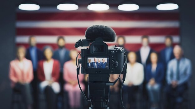 Foto pressekonferenzvideo-kamera auf verschwommener gruppe von presse- und medienfotografen