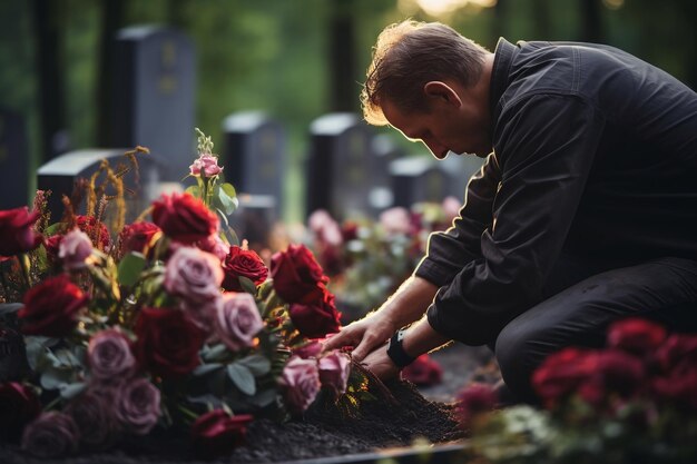 Foto prestando homenagem colocando flores em um túmulo de cemitério em memória da ia