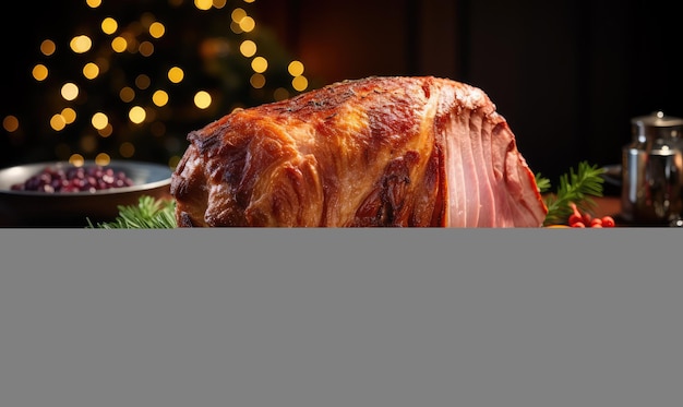 Foto presunto de porco assado de natal cortado em tábua de madeira com decoração de natal