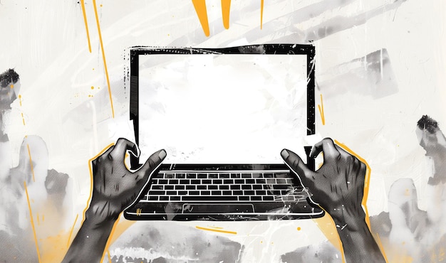 preto e branco duas mãos com tela branca em branco laptop abstrato tendência colagem de arte
