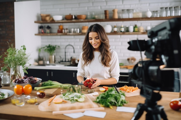 Pretty Food Blogger elaborando um delicioso vídeo gerador por Ai