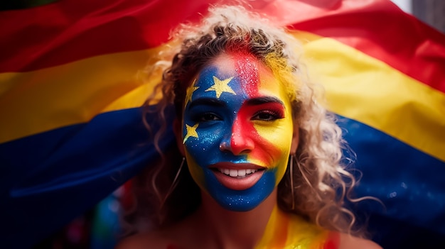 Pretty Girl sosteniendo la bandera del orgullo del arco iris en el festival