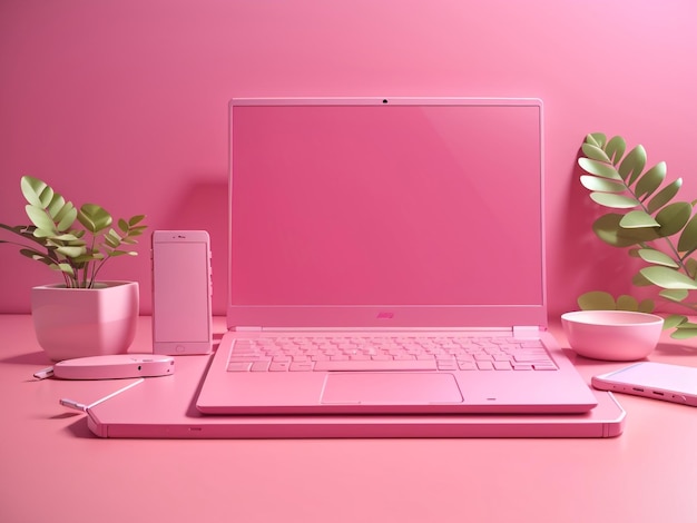 Pretty in Pink Tech 3D Render de una computadora portátil y un teléfono inteligente de color rosa