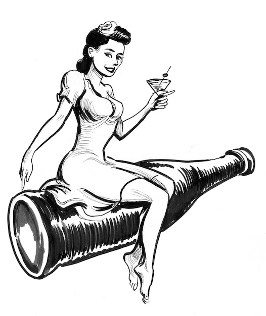 Pretty Woman con cóctel sentado en una botella. Dibujo a tinta en blanco y negro