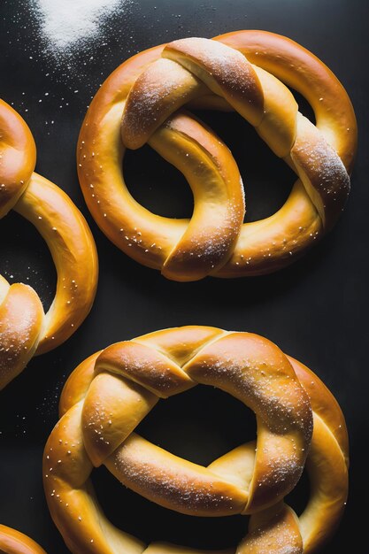 Pretzel suave recién horneado casero sobre fondo negro Pretzels bávaros tradicionales para el espacio de copia de vista superior de Oktoberfest