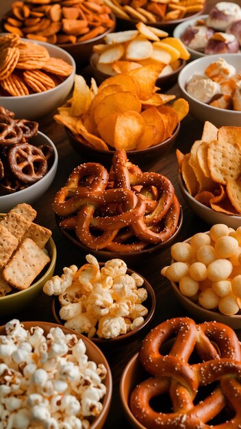 Foto pretzels, batatas fritas e pipocas em tigelas.