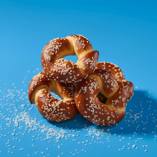 Pretzels bávaros em fundo azul com IA generativa de sementes de gergelim