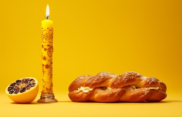 Pretzels bávaros con semillas de sésamo y una vela encendida sobre un fondo amarillo