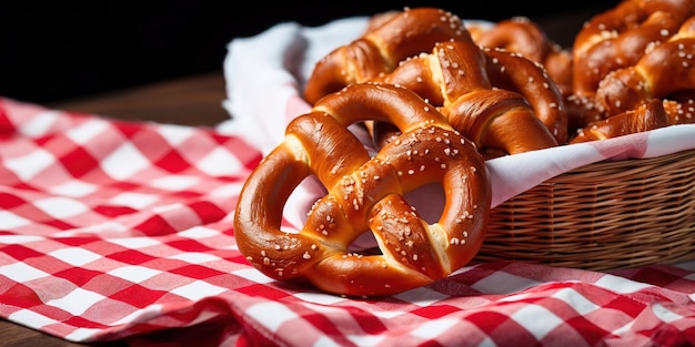 Pretzels caseros frescos en el mantel sobre la mesa